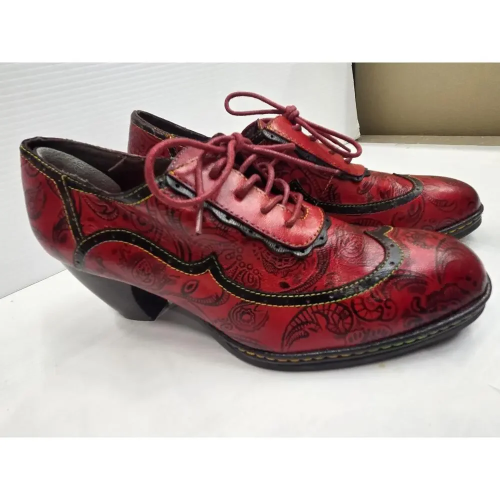 Red Paisley Heel Shoes Womens Size 39 US 8 Lace Up Leather Print Vintage Style - Picture 4 of 13